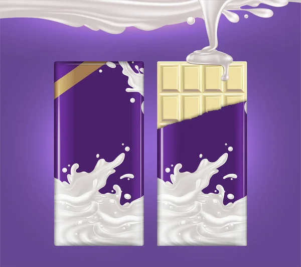 紫色の背景にホワイトチョコの つのタイル チョコレートの包装が破れているし 牛乳のジェットをそれに注いでいます — ストックベクタ