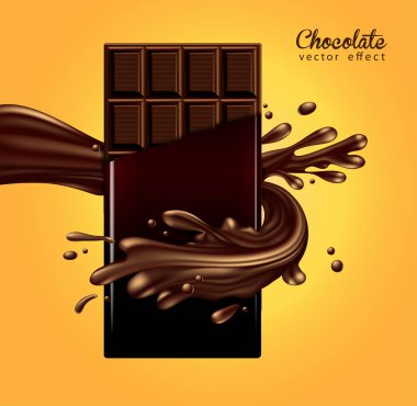 Mockup reklam tasarımı. Sıvı çikolata bir akıştaki yırtık bir şal çikolatada bir bar. 3B vektör. Yüksek Detaylı gerçekçi illüstrasyon