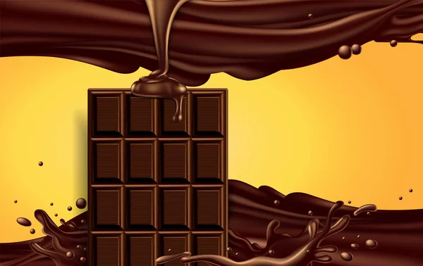 Mitad Barra Chocolate Una Salpicadura Chocolate Líquido Vertiendo Sobre Fondo — Vector de stock