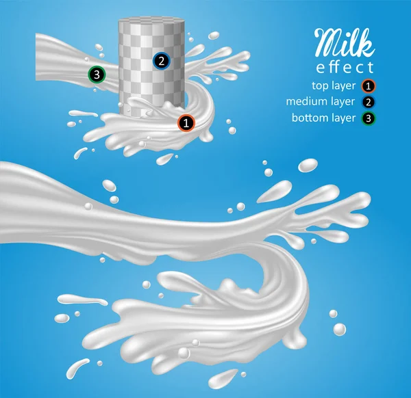 Design Pubblicitario Del Latte Movimento Dinamico Corrente Latte Con Gocce — Vettoriale Stock
