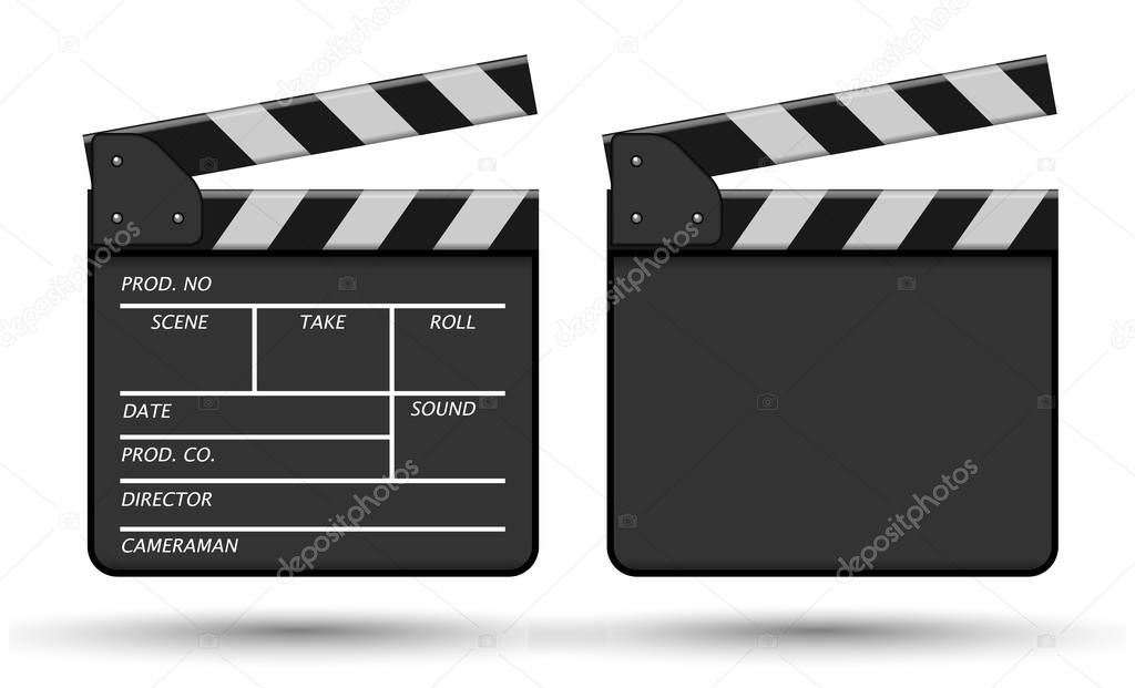 Clapperboard is a device that are using before filming as a signal to synchronize the starting of picture and sound machinery.  3D vector. High detailed realistic illustration