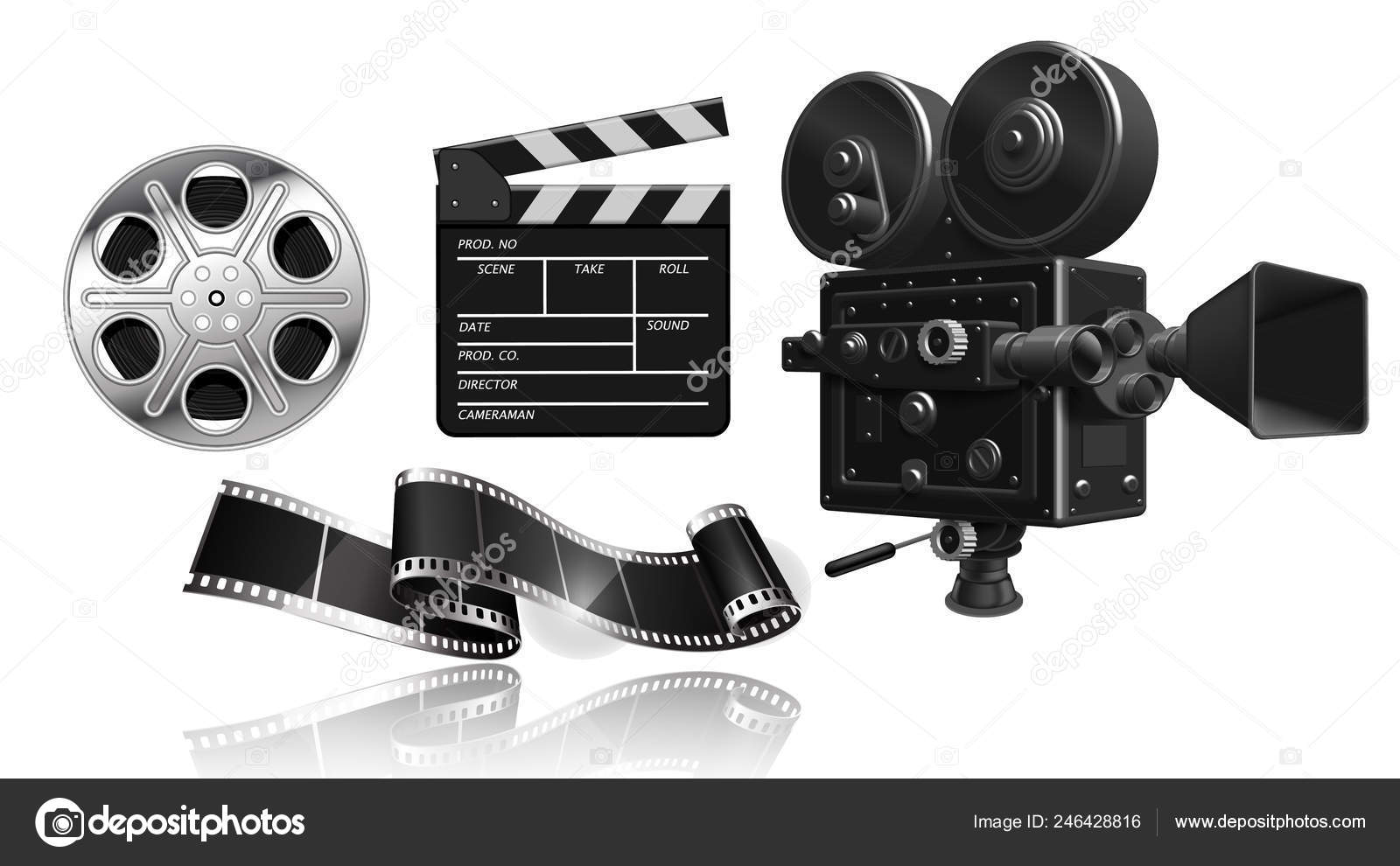 Film Projector Film Strip Reel Clapperboard White Background