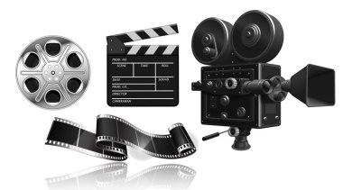 Film projektör, film şeridi, reel ve Klaket beyaz arka plan üzerinde... 3B vektör. Yüksek Detaylı gerçekçi illüstrasyon