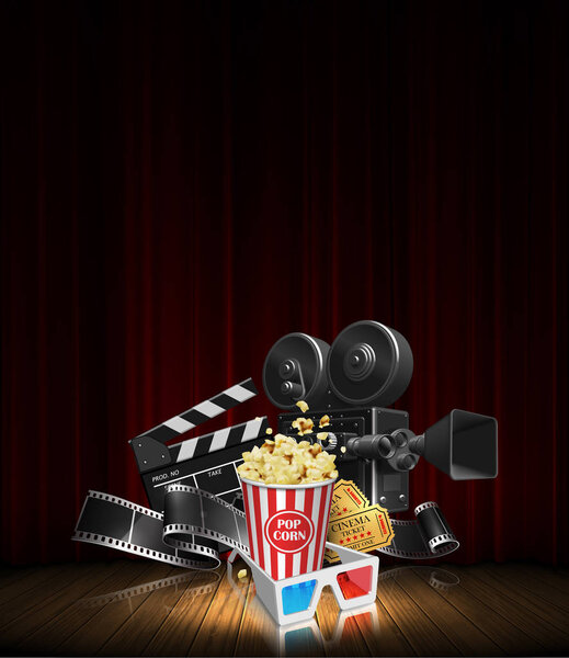 Advertising for the film industry. Film, popcorn, glasses and tickets  on a wooden stage. 3D vector. High detailed realistic illustration