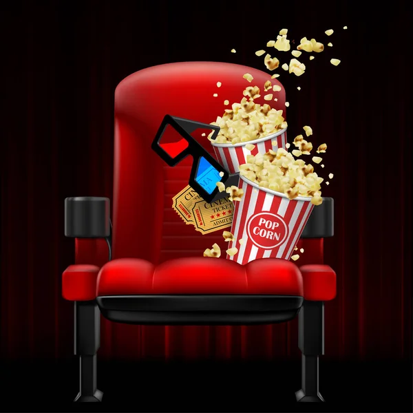 Roter Theaterstuhl Mit Popcorn Gläsern Und Eintrittskarten Vor Dunkelrotem Vorhang — Stockvektor