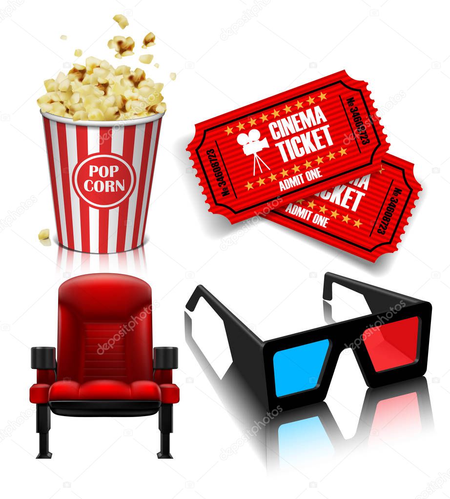 Theater chair, popcorn, tickets, glasses on the white background. 3D vector. High detailed realistic illustration