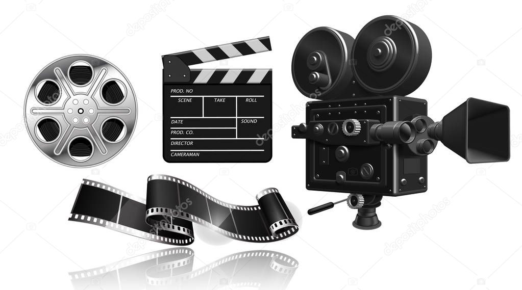 Film projector, film strip, reel and clapperboard on white background.. 3D vector. High detailed realistic illustration