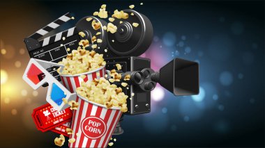 İllüstrasyon film sanayî için. Patlamış mısır, kamera, gözlük, Bilet ve Klaket ile bir arka plan üzerinde vurgular. Son derece detaylı çizim. 3B vektör. Yüksek Detaylı gerçekçi illüstrasyon