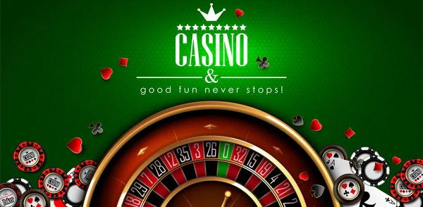 Casino publicidad con ruleta y elementos de juegos de casino en — Archivo Imágenes Vectoriales