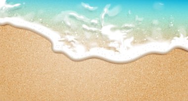 Yaz arka plan. Kumlu sahilde dalga şeffaf deniz. 3D 