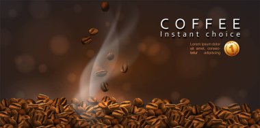 Kahve reklam tasarımı. Kahve çekirdekleri ve yükselen duman. E