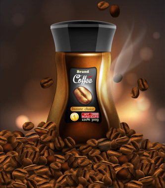 Kahve kavanoz ve kahve çekirdekleri, şeffaf arka plan. 3B vektör