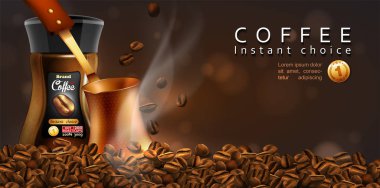 Kahve reklam tasarımı. Kahve kavanoz, pot ve kahve çekirdekleri 