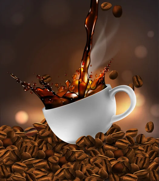 Cup of coffee with splash effect, coffee beans, transparent back — Stock Vector