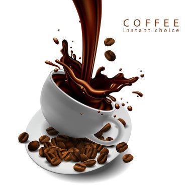 Kahve ve splash etkisi fincan kahve reklam tasarımı. 
