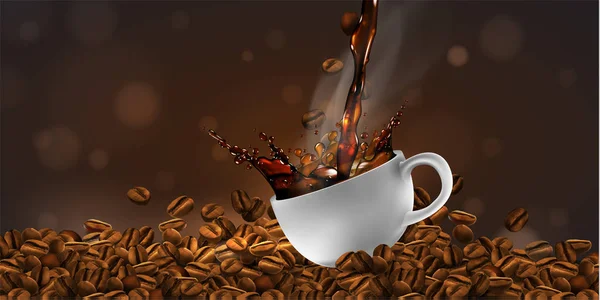 Xícara de café com efeito splash, grãos de café, transparente de volta — Vetor de Stock