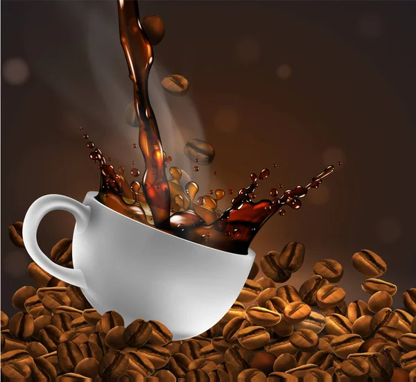 Φλιτζάνι καφέ με εφέ πιτσιλίσματος, κόκκους καφέ διαφάνεια στην πλάτη — Διανυσματικό Αρχείο