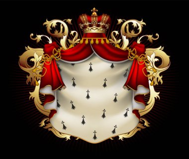 Bir taç ve kraliyet mantosu ile Heraldic kalkan, zengin süslenmiş