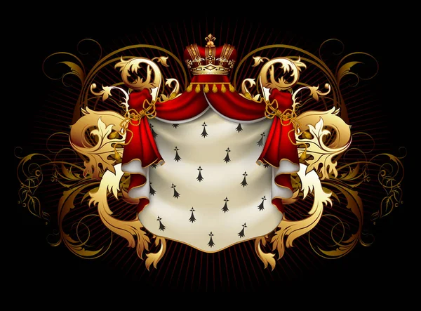 Ασπίδα με στέμμα και βασιλικό μανδύα, πλούσια διακοσμημένο — Διανυσματικό Αρχείο