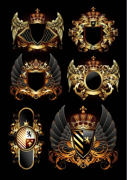 Set of ornate heraldic shields on black background.  High detail — Stock Vector