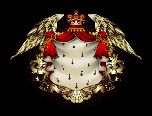 Bouclier héraldique avec couronne et manteau royal, richement orné — Image vectorielle