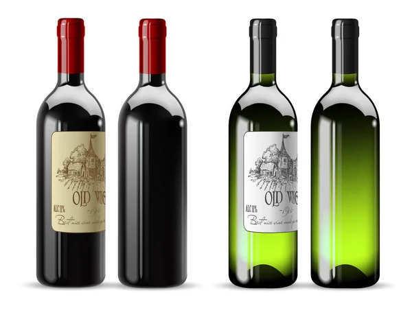 Set de botellas con vino tinto y blanco. Vector 3D. Alto detalle — Archivo Imágenes Vectoriales