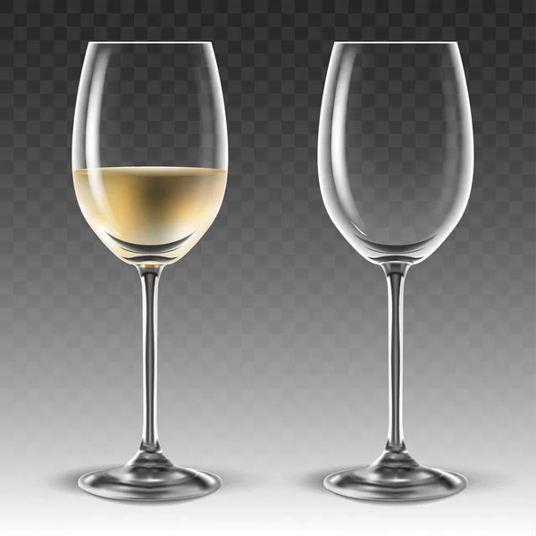 Dwa przezroczyste kieliszki do wina, z których jeden jest pół wypełnione Wi — Wektor stockowy