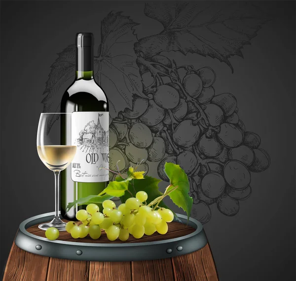 Garrafa, copo de vinho branco e um monte de uvas em um bar de madeira — Vetor de Stock