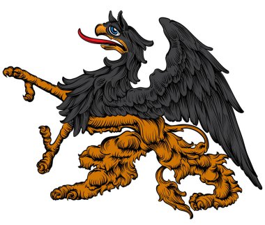 Heraldic Griffin. Freehand çizim, yüksek detaylı gerçekçi.