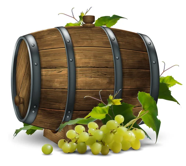Деревянный винный бочонок и виноградная лоза с кучей винограда. 3D вектор. H — стоковый вектор