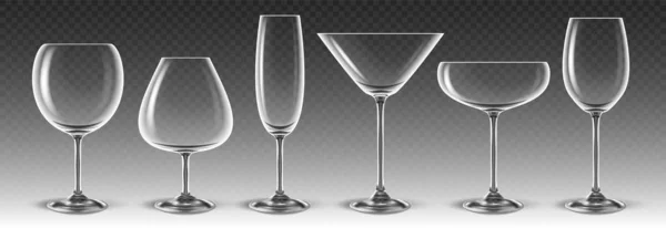 Set of wine glasses made of transparent glass of various shapes — Stock Vector