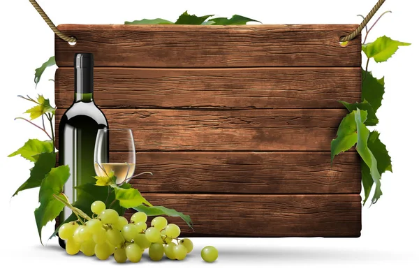 Wooden signboard with a bunch of grapes, a bottle of wine and a — Stock Vector