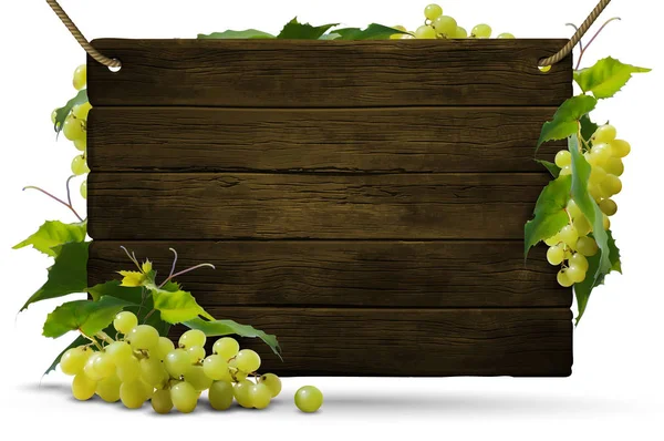 Um escudo de fundo de madeira com folhas e ramos de uvas. Hig. — Vetor de Stock