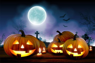 Bir mezarlık, kabak ve ay ile Cadılar Bayramı gece arka plan