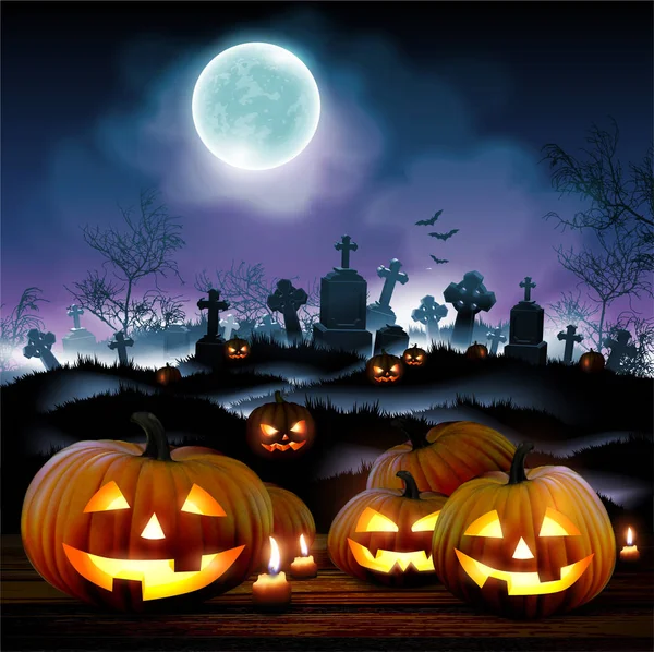 Halloween night  background with a cemetery,  pumpkins and  moon — Stock Vector