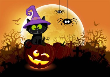 Halloween. Büyük ayın arka planında kara kedi ve balkabağı