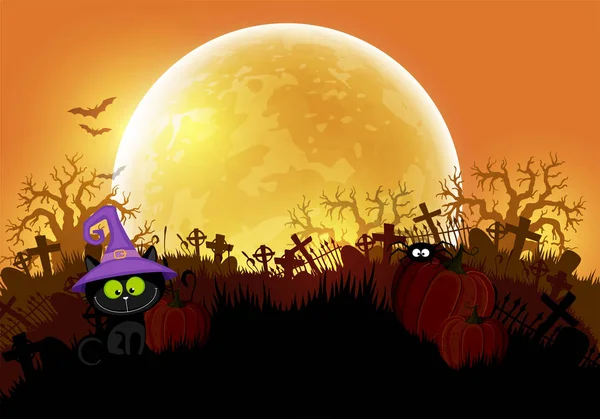 Fondo de Halloween con un cementerio, gato negro y luna. Mano d — Vector de stock