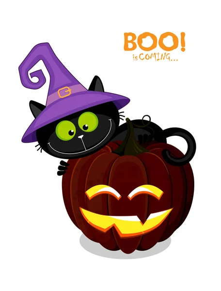 Lindo gato negro en un sombrero de bruja detrás de una calabaza de Halloween. Mano — Vector de stock