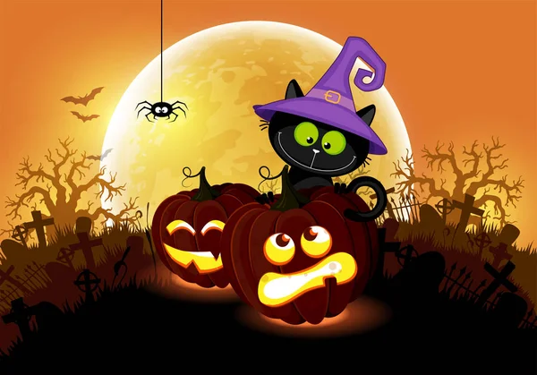 Halloween. Negro gato y calabazas en un fondo de la gran mo — Vector de stock