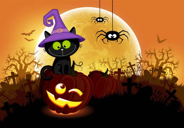 Halloween. Gato negro y calabaza sobre un fondo de la luna grande — Vector de stock