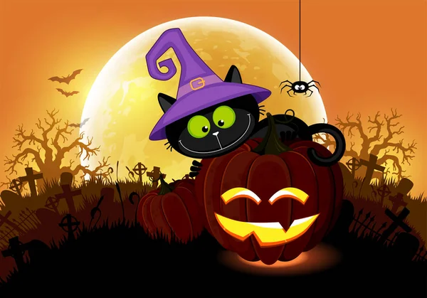 Halloween. Czarny kot i dynia na tle wielkiego księżyca — Wektor stockowy
