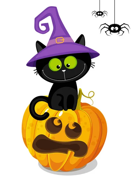 Lindo gato negro en un sombrero de bruja está sentado en una calabaza de Halloween — Archivo Imágenes Vectoriales