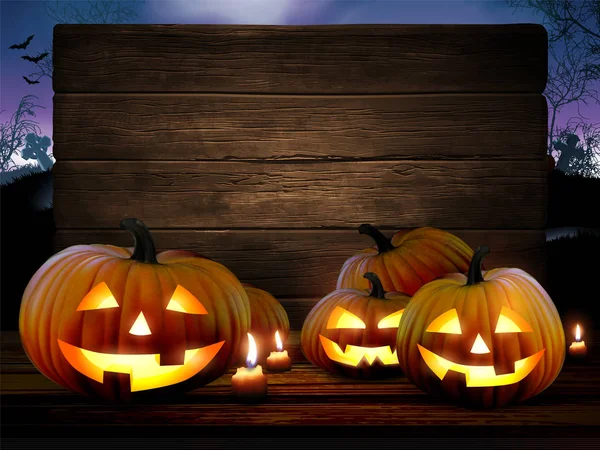 Halloween fond de nuit avec un cimetière et citrouilles main — Image vectorielle