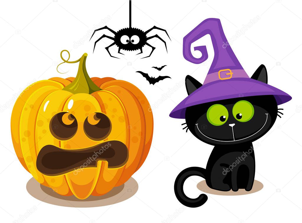 Cute black cat in a witch hat and Halloween pumpkin. Hand drawin