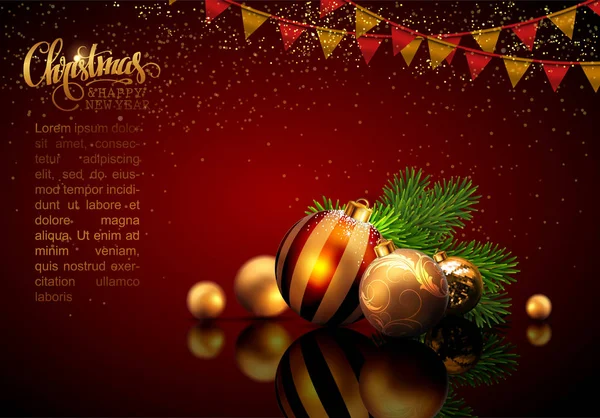 Cartão de felicitações Feliz Natal e Feliz Ano Novo. Bolas douradas a Vetores De Bancos De Imagens