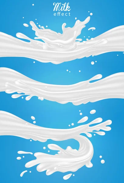 Efeito leite. Um jato de leite branco com salpicos em um backgro azul — Vetor de Stock
