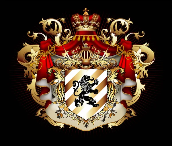Heraldiska sköld med en krona och kunglig mantel, rikt ornamenterad — Stock vektor