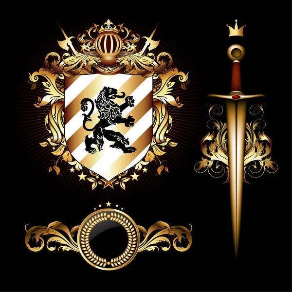 Set of heraldic elements, shield and saber. 3D vector. High deta — Stock Vector