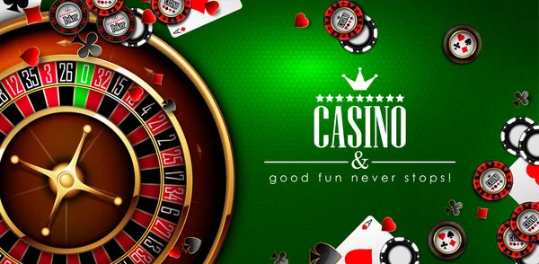 Diseño de publicidad de Casino con ruleta, fichas y cartas — Archivo Imágenes Vectoriales