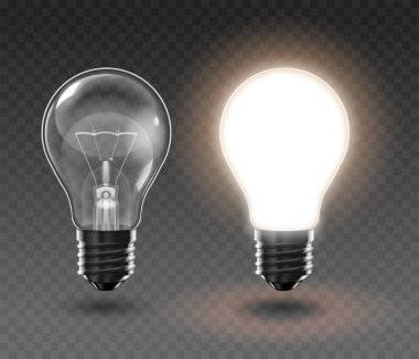 İki şeffaf ampul, biri gri kareli arka planda açık. Son derece gerçekçi illüstrasyon.